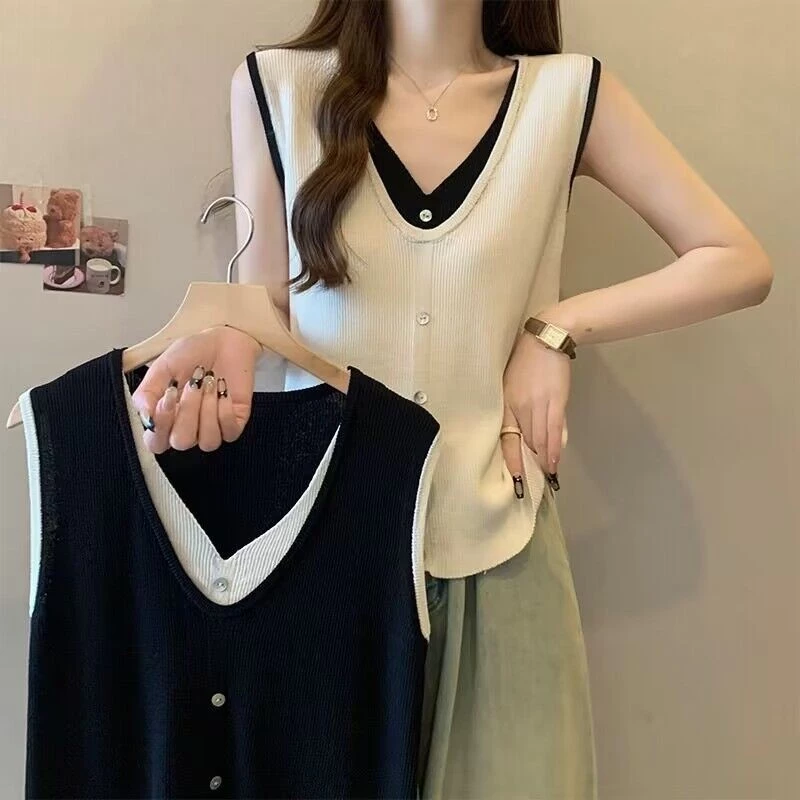[Áo Oversize] (40-100kg) Áo thun trơn không tay cỡ lớn dệt kim Áo thun mỏng dáng rộng phong cách Hàn Quốc thời trang nữ mặc