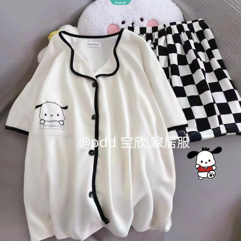 Pochacco Họa Tiết Hoạt Hình Bộ Đồ Ngủ Bé Gái Mùa Hè Rời Ngắn Tay Quần Short Mỏng Phần Dễ Thương Homewear 2024 Mới Mặc Bên Ngoài [GM]