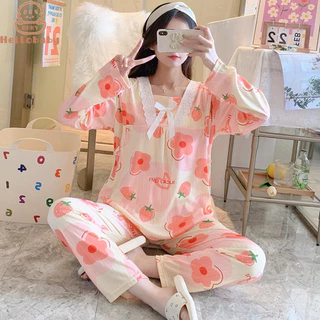 Hellobaby Confinement quần áo cotton nguyên chất xuân thu phong cách mỏng Điều dưỡng bộ đồ ngủ mùa hè dài tay cho phụ nữ mang thai và quần áo tại nhà sau sinh