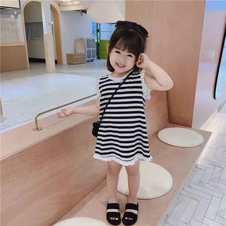 Bé Gái Mùa Hè Nguyên Chất Đầm Cotton Phong Cách Mới Bé Gái Sọc Top Đầm Trẻ Em Ngọt Ngào Dễ Thương Váy Thẳng