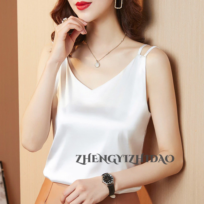 Zhengyizhidao Áo hai dây cỡ lớn nữ mùa hè 2024 bên ngoài cổ chữ V bộ đồ nhỏ với áo vest đáy satin gợi cảm không tay