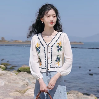 Áo len polo cardigan hàng đầu phong cách quốc gia mùa hè đan giảm tuổi sang trọng sang trọng nhỏ tươi xuân hè nữ áo sơ mi nhỏ mảnh khâu