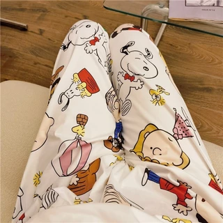 Quần ống rộng Quần vải nữ Quần vải hoạt hình Snoopy Pyjama Quần nữ dáng rộng tại nhà Quần điều hòa mùa hè có thể đeo bên ngoài