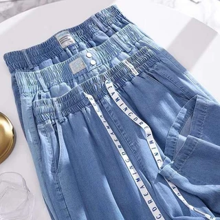 Plus Size Quần Áo Nữ Béo Em Gái Mùa Hè Tencel Quần Jean Mỏng Phong Cách Drape Thường Ngày Ice Silk Quần Ống Rộng Ôm Hơn Nhìn Quần