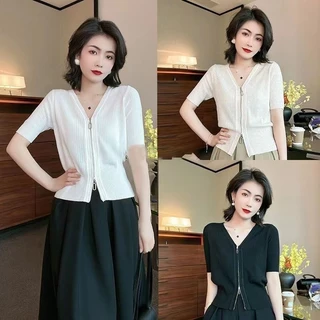 N753 Thời Trang Mỏng Ice Silk Giả Áo Len Đa Năng Cổ Chữ V Đôi Mở Dây Kéo Cardigan Áo Thun Tay Ngắn Slim Fit Giảm Béo Top