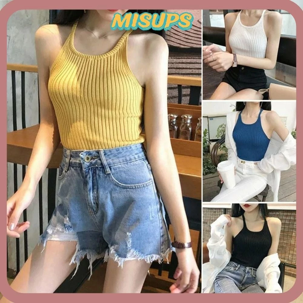 Áo ba lỗ nữ MISUPS, Dây đeo không tay dệt kim màu trơn không tay, Cổ treo sợi Polyester