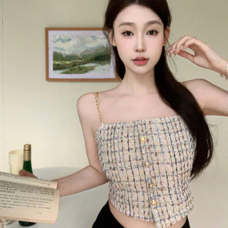 Áo hai dây nữ không tay họa tiết kẻ sọc phong cách Hàn Quốc Irregualr có miếng lót