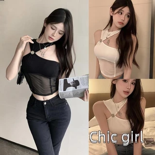 Rjqu-nữ Áo Tank Thời Trang Màu Trơn Dây Áo Vest Cổ Mùa Hè Slim Fit Không Tay Crop Top Dạo Phố