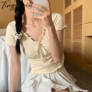 Áo thun ren cổ chữ V ngắn TINGYAXIU dành cho nữ dây rút thích hợp áo ngắn tay