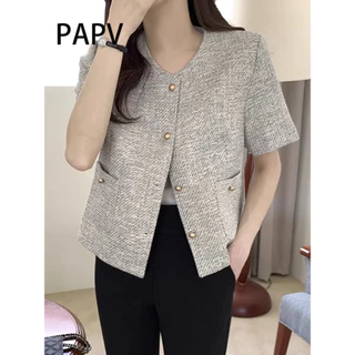 Túi đeo ngực đơn kim loại cổ tròn sang trọng Papv với áo khoác ngắn Tweed dày 2267