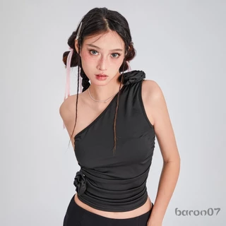 Áo ba lỗ màu trơn dành cho nữ mùa hè Một vai không tay 3D Rosette Ruched Tops