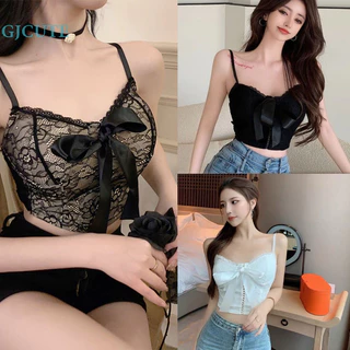 Gjcute Mùa Hè Nơ Ren Camisole Nữ Gợi Cảm Cổ Chữ V Không Tay Slim Top Có Miếng Lót Ngực WTD