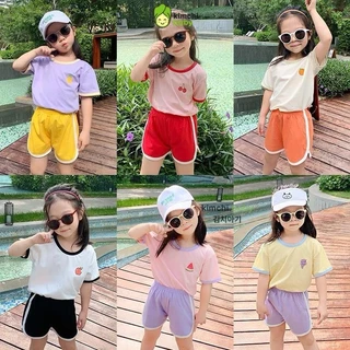 Đồ Bộ Cộc Tay Bé Gái KIMCHIBABY Vải Cotton 4C Mịn Mát Hình Thêu Hoa Quả, Bộ Quần Áo Cho Bé Mặc Nhà CK418