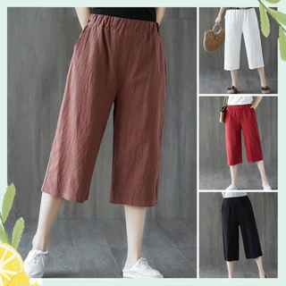 [Hàng mới về] Quần Crop All Match Wide Leg Mỏng Loose Straight Mặc Hàng ngày Vải Lanh Cotton Co Giãn Eo Crop Quần Dạo Phố