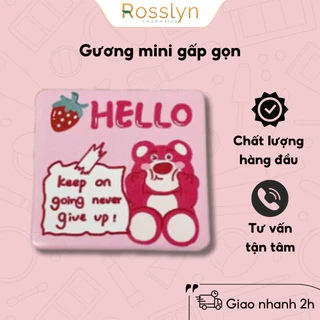 Gương Trang Điểm Mini Gấp Gọn Họa Tiết Gấu Dâu Hình Vuông Cute  QT122