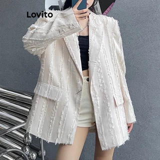 Áo blazer Lovito trơn có túi nút trước phong cách thường ngày cho nữ LNA35031 (trắng/đen)