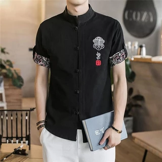 Áo Sơ Mi Phong Cách Trung Hoa Mùa Hè Tay Ngắn Thoáng Khí Nam Thêu Vải Lanh Cotton Đường Phù Hợp Với Trung Quốc Retro Khóa Đứng Cổ Áo Sơ Mi