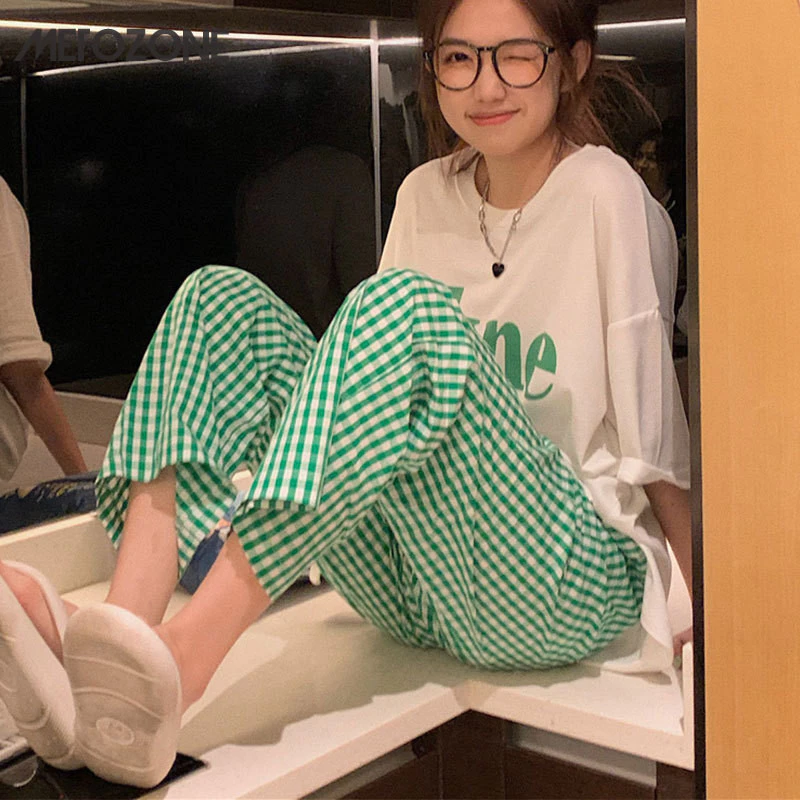 Metozone Xanh Kẻ Sọc Pyjama Quần Nữ Rời In Hình Nhà Quần Thường Ngày