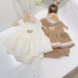 Bodysuit Cho Bé Gái KAMSAMITA Vải Xô Muslin Mềm Mại Đính Gấu Nổi, Jumsuit Cho Bé Mặc Đi Chơi Hè S432