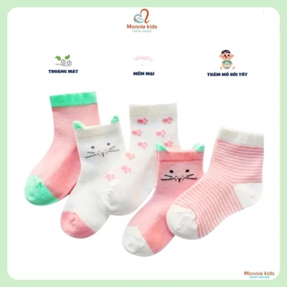 Set 5 đôi tất lưới cho bé, vớ lưới cotton họa tiết thấm hút mềm mại - Monnie Kids