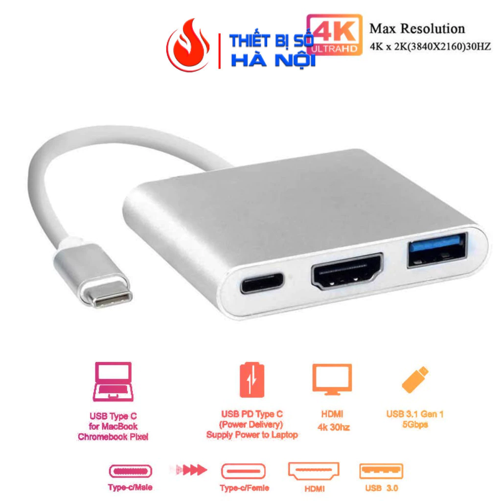 Hub Type C 3in1-Cổng chuyển đổi HUB USB Type-C to HDMI,USB 3.0,PD Type-C cho Laptop laptop táo,ĐT -dc4659