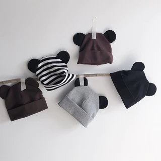 Mũ Beanie Cotton Mềm Mại Thoáng Khí Kẻ Sọc Màu Trơn Dễ Thương Cho Trẻ Sơ Sinh Mũ cotton tai chuột mickey cho bé - mũ trùm đầu (3-18m)