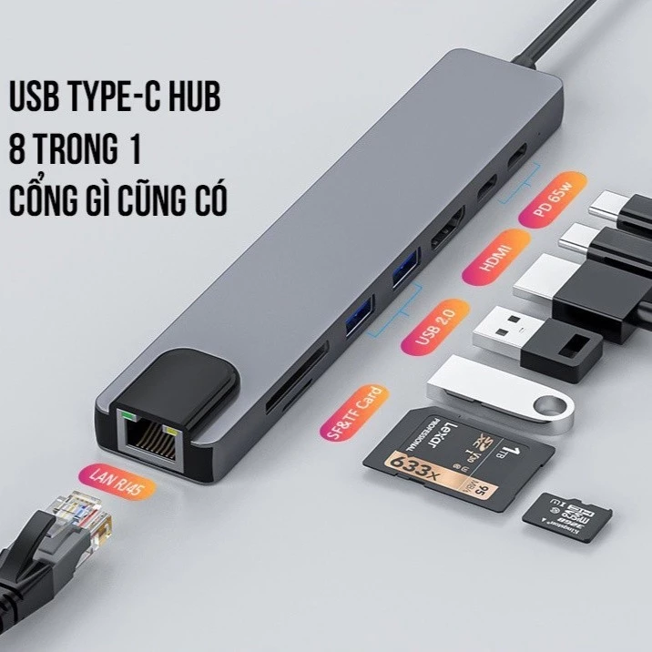 HUB Type C và HUB USB 3.1 to HDMI,USB 3.1,SD,TF,RJ45,PD Type-C cho Macbook