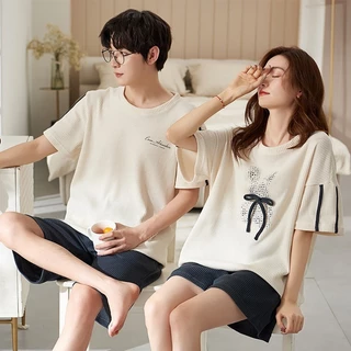 Waffle Cặp Đôi Bộ Đồ Ngủ Mùa Hè Tay Ngắn Cotton Mỏng Phong Cách Size Lớn Rời Nam Nữ Phù Hợp Với Hoạt Hình Loungewear Mùa Hè