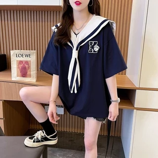 Áo thun ngắn tay có dây buộc phong cách Preppy dành cho nữ Kích thước lớn Tươi trẻ trung-Looking dáng rộng Hình phẳng Áo duyên dáng