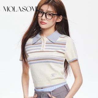 Molasome Nữ 2024 Thời Trang Mới Màu Sắc Tương Phản Cổ Polo Tay Ngắn Slim Fit Tất Cả Trận Đấu Áo Thun