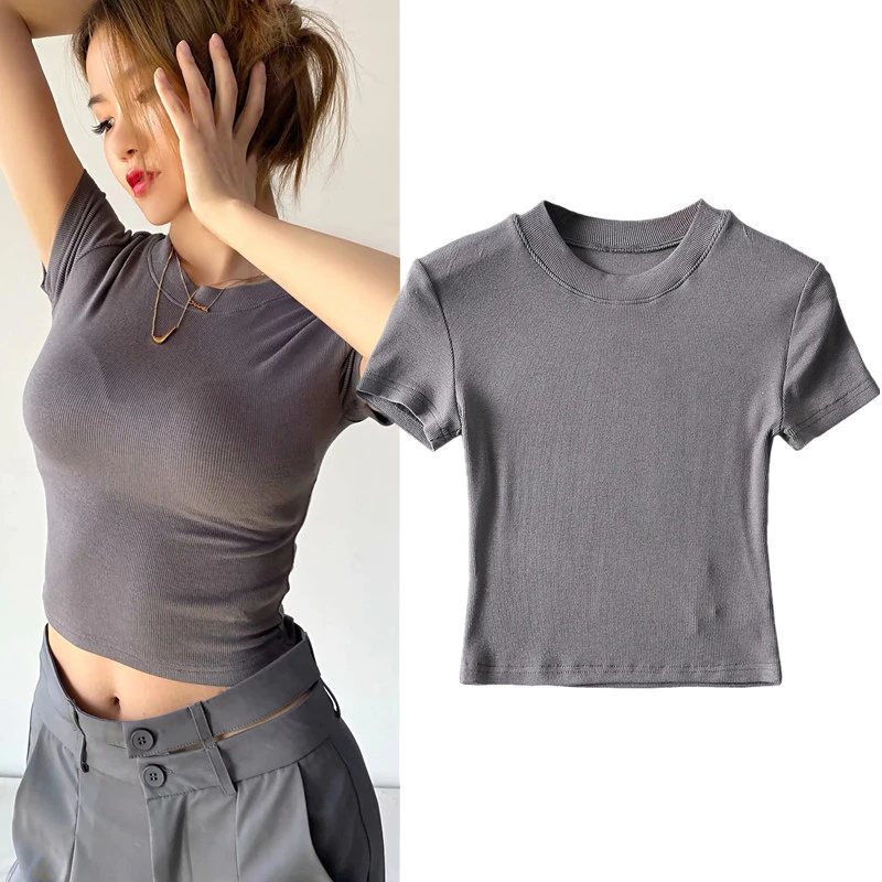 Châu Âu và Mỹ Mùa Hè 2023 8 Màu Nhỏ Cổ Tròn Chặt Cao Cấp Crop-Top Áo Thun Nữ Ngắn Giảm Béo Thể Thao Hàng Đầu Thời Trang