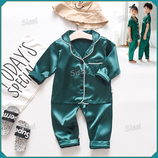 Dài Tay Màu Nguyên Chất Satin Pyjama Cho Trẻ Em Terno Silk Đồ Ngủ Cho Trẻ Em Bé Trai Bé Gái Gia Đình Pyjama Terno Bộ 6 Tháng-4 Tuổi Trẻ Em Pijama Quần Áo Nhà Trẻ Em