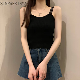 Sinransinya Suspender vest Spice Girl Mùa hè phiên bản Hàn Quốc màu trơn cổ áo một chữ thon gọn áo sơ mi đáy đơn giản