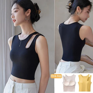 Áo ngực nữ có ren rỗng vai ngắn, Áo Vest đen trắng xám cơ bản có đệm ngực, Áo Crop Top bên ngoài