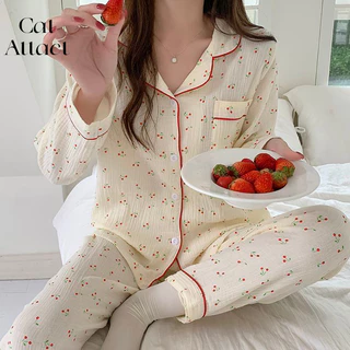 Bộ Đồ Ngủ Cotton Cho Bé Nữ Học Sinh Phiên Bản Hàn Quốc Đơn Giản In Hình Anh Đào Ngọt Ngào Cotton Nguyên Chất Gạc Loungewear Bộ Hai Mảnh