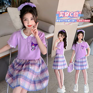 Bộ hai mảnh Colomi JK màu tím cho bé gái 2023 Phong cách mới Thời trang Preppy Phong cách Váy xếp ly ngắn tay Bộ hai mảnh mùa hè