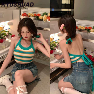 Kyushuad Áo thun mùa hè hàng đầu thuần khiết ham muốn gợi cảm backless strappy áo vest dệt kim