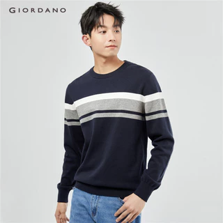 Áo len nam GIORDANO 13053601 cotton cổ tròn màu tương phản thời trang