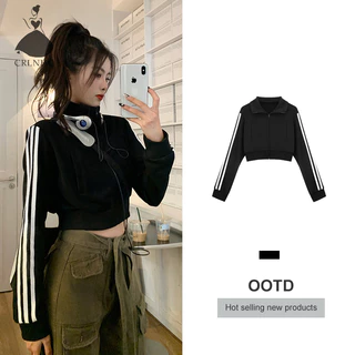 Áo Khoác crop Top Thể Thao Tay Dài Sọc Trắng Đen Có Khóa Kéo Thời Trang Mùa Thu Cho Nữ vn