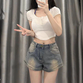 Mỹ Retro Hot Girl High Street Denim Quần Short Nữ Mùa Hè Phong Cách Mới Cao Cấp Slim-fit Ôm Hơn Nhìn Co Giãn Chữ a Nóng Quần