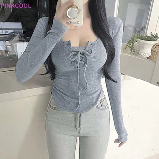 Hồngcool Mùa Thu Nữ Gợi Cảm Ren Cổ Tròn Dài Tay Không Đều Màu Trơn Áo Thun Mỏng HOT