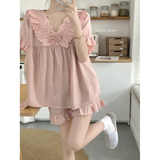 BN237_Bộ ngủ nữ, pijama ngắn tay màu hồng dáng babydoll cổ bèo công chúa chất cotton  | Hàng quảng châu cao cấp