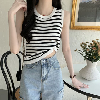 Balamy Phiên Bản Hàn Quốc Retro Sọc Camisole Mùa Hè Bên Ngoài Mặc Không Tay Ngắn Dệt Kim Đáy Áo Sơ Mi