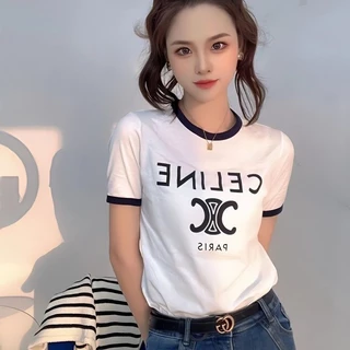 Celine 2023Summer New Letter PrintinglogoContrast Color Letter Print Short-SleeveTWomen's White Bottoming Shirt