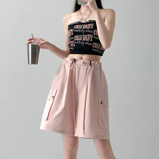 Quần short Cotton nguyên chất giặt rộng Quần yếm thẳng thường ngày Hot Girl Wide-Leg Sports Midd năm điểm