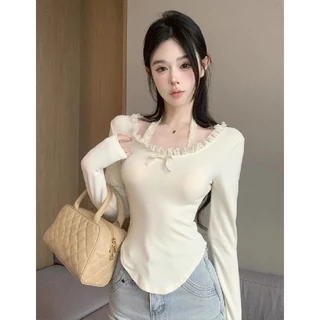 Áo Coquette Tay Dài Áo Croptop Dài Tay Áo brandy Áo Kiểu Nữ Áo Thun Tay Dài ôm body Áo thun ren dài tay nơ nữ mùa thu đông