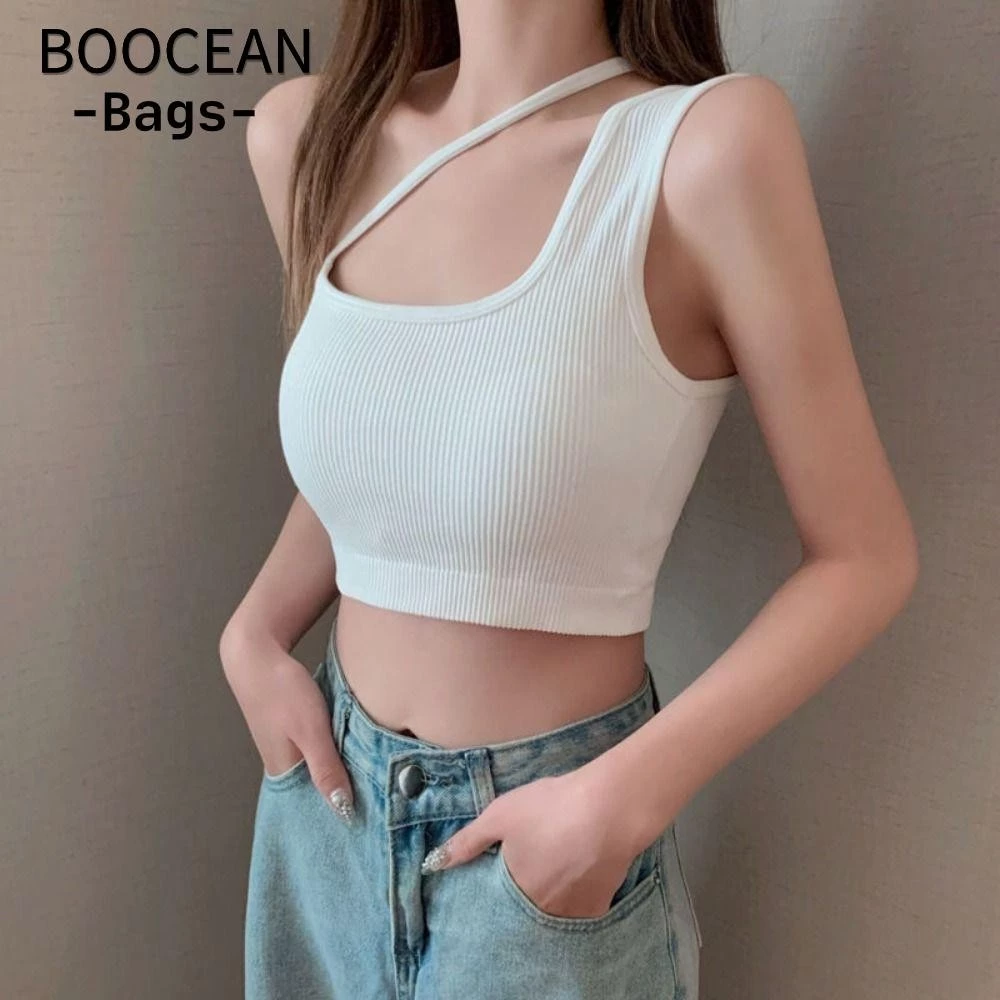 Áo Crop Top nữ BOOCEAN, Áo Crop Top xiên vai không tay, Áo ngực thể thao có gân gợi cảm có đệm