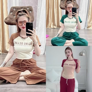 Set Đồ Bộ Áo Thun Tay Ngắn Croptop In Chữ Phối Quần dài Ống Rộng Siêu Sang ,Hot , Đi Chơi , Dạo Phố