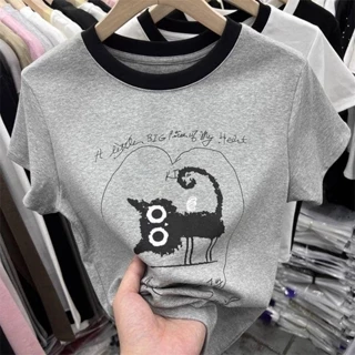 Size Lớn Cotton Nguyên Chất Ngắn Tay Áo Thun Nữ Mùa Hè Phong Cách Mới Cổ Tròn In Hình Áo Thun Top