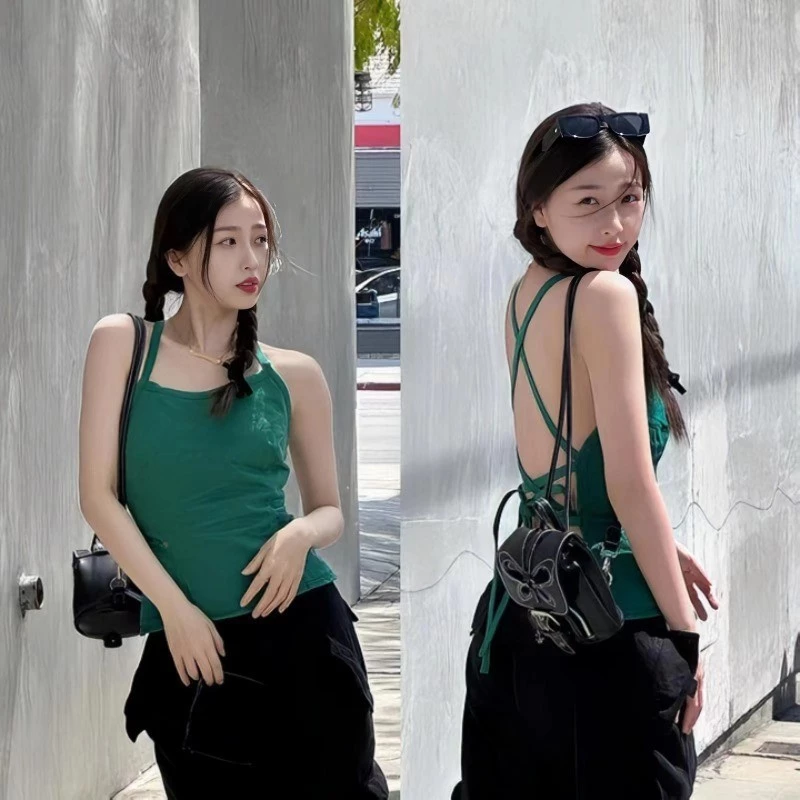 Ins Phong Cách Cao Cấp Đơn Giản Nữ Slim-fit Tube Top Mùa Hè Dây Xanh Gợi Cảm Hot Girl Camisole